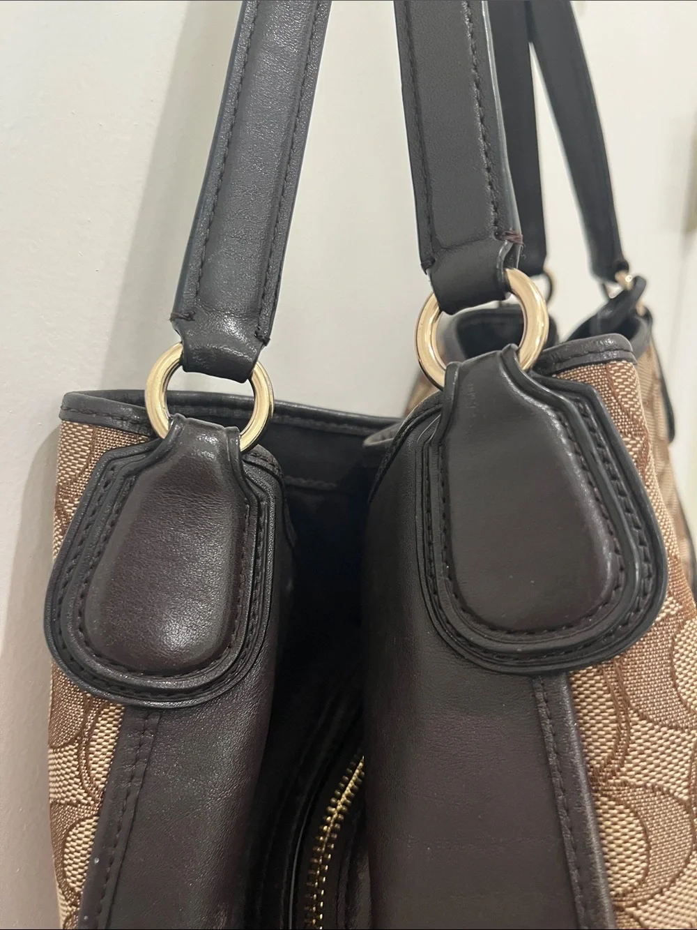 Coach Brown Signature Canvas Shoulder Bag with Brown Leather Trim